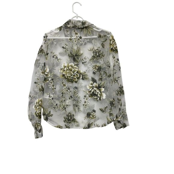 Zara Womens Top S White Green Floral Chiffon Sheer Button Up Long Sleeve NWOT - Picture 2 of 7